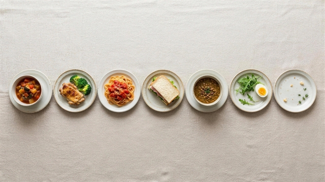 A row of seven small dishes holding different foods, from a full portion down to an empty plate
