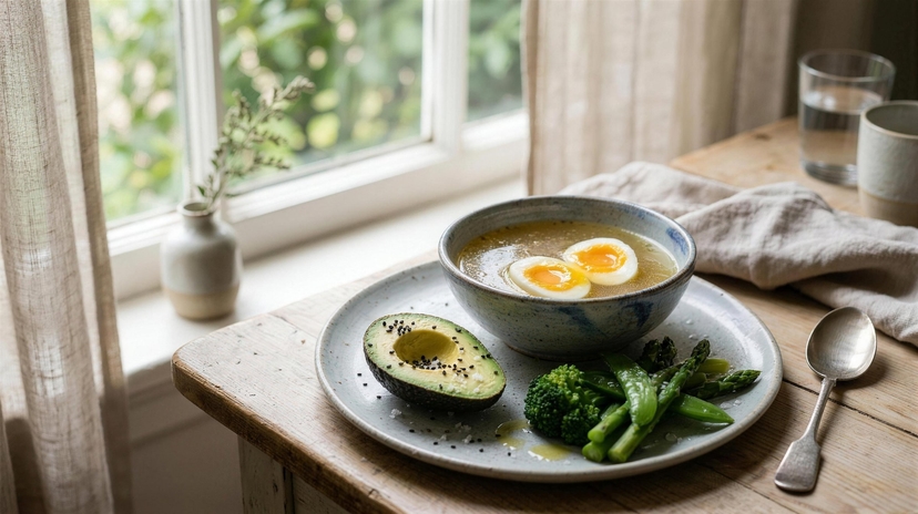A bowl of soup with a soft-boiled egg beside a plate of avocado and greens on a sunlit table