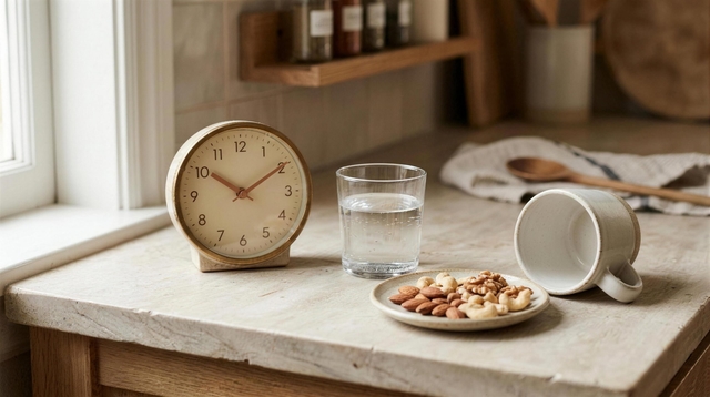 A clock, a glass of water, a small plate of nuts and a tipped-over mug on a kitchen counter