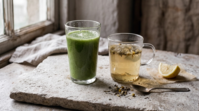 A glass of green vegetable juice beside a glass cup of herbal tea, with loose tea leaves and a lemon wedge on a pale stone slab