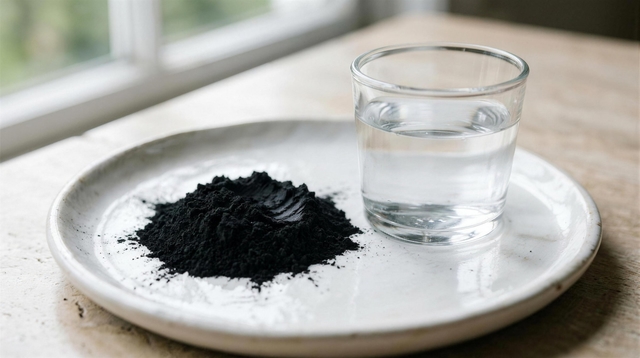 Black charcoal powder on a white dish beside water