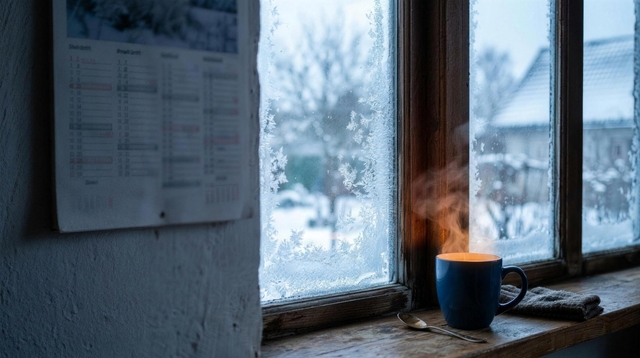 A mug of tea steaming on a frosted January windowsill