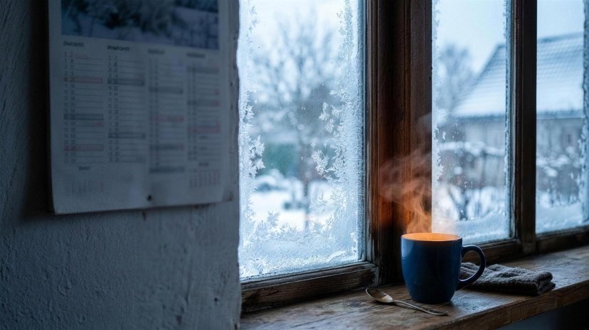 A mug of tea steaming on a frosted January windowsill