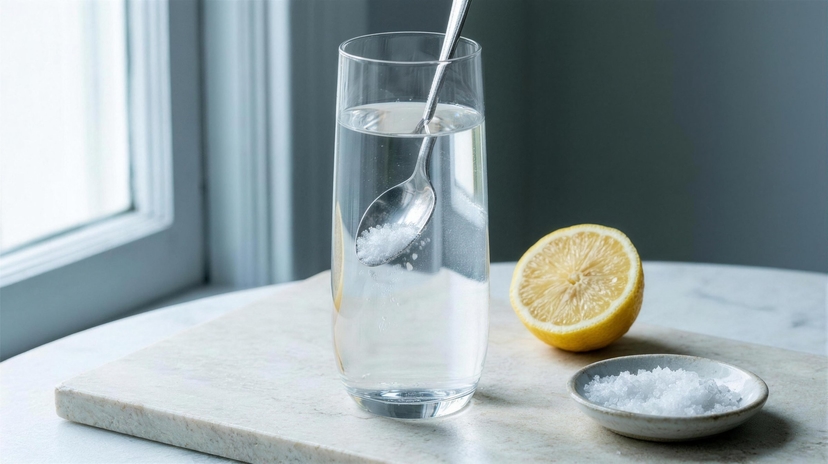 Salt being stirred into a glass of water, with lemon