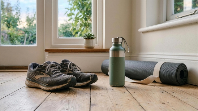 Running shoes, a water bottle and a rolled exercise mat by a window in morning light