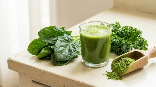 A green powdered drink beside fresh spinach and kale