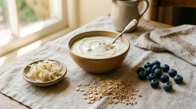 A bowl of yoghurt with a small dish of sauerkraut, blueberries and scattered oats on a linen cloth