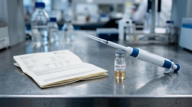 A laboratory bench with a small sample vial, a pipette and a printed results sheet