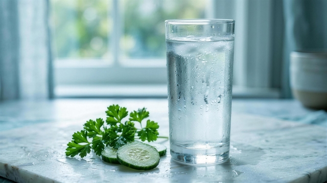 A cold glass of water with cucumber and parsley