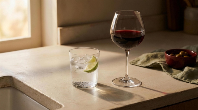 A glass of sparkling water beside an untouched glass of wine