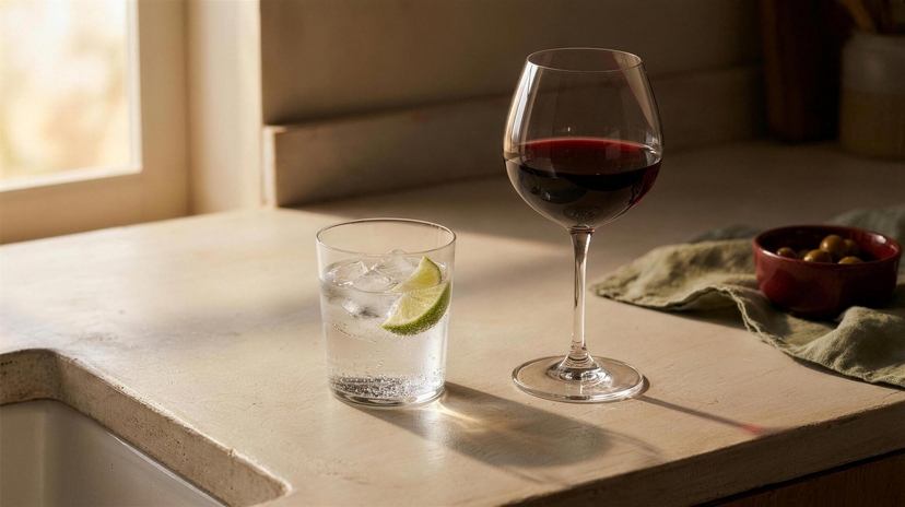 A glass of sparkling water beside an untouched glass of wine