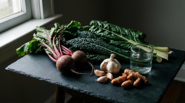 Beetroot, greens, garlic and turmeric on a slate board