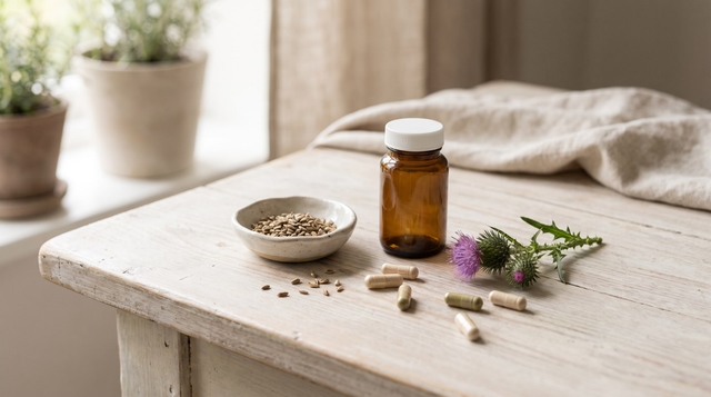 An amber supplement bottle, loose capsules, milk thistle seeds and a thistle flower on a limewashed table
