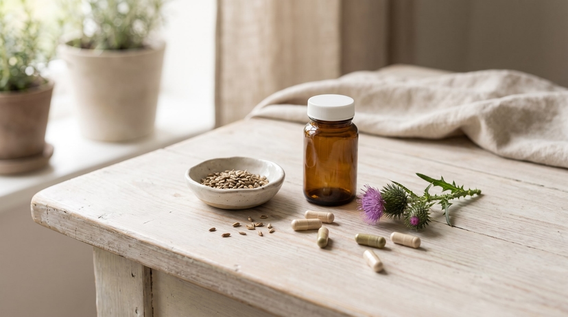 An amber supplement bottle, loose capsules, milk thistle seeds and a thistle flower on a limewashed table