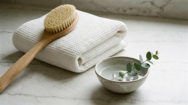 A dry body brush and folded linen towel on a pale bathroom shelf