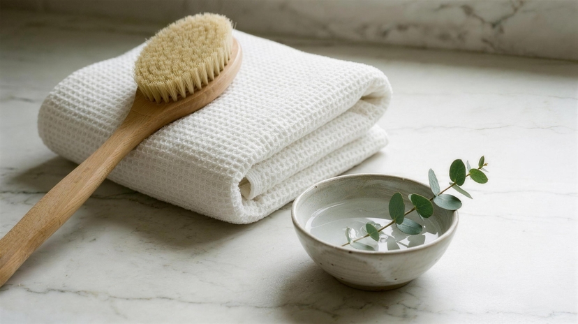 A dry body brush and folded linen towel on a pale bathroom shelf