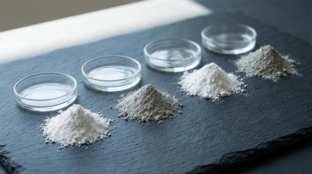 Four mineral powders in small dishes on slate