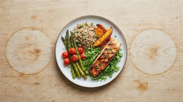 A single plate of food on a plain table