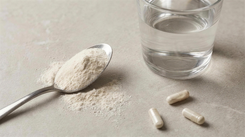A spoonful of powder and capsules beside a glass of water