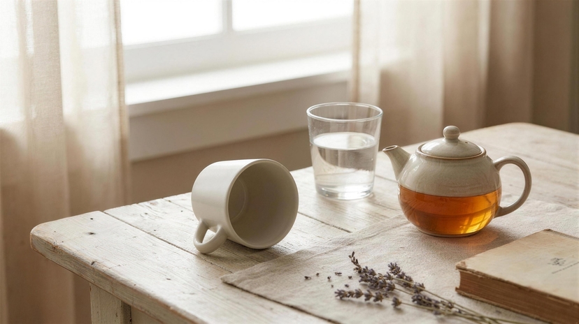 An empty mug lying on its side beside a teapot and a glass of water on a table by a window