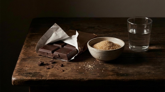 Dark chocolate and a bowl of sugar in low side light