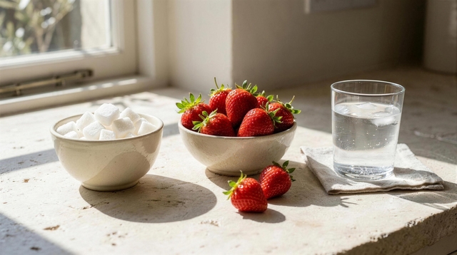 A bowl of sugar cubes beside a bowl of fresh strawberries in bright window light