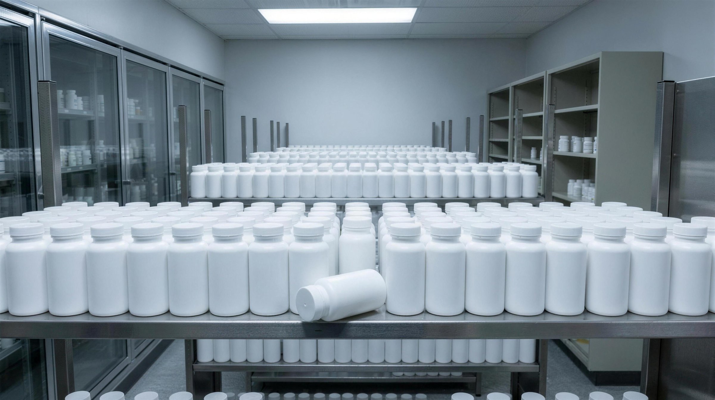 Rows of identical unlabelled white supplement bottles on warehouse shelving