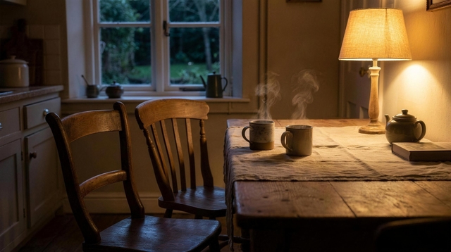 Two mugs of tea and two chairs pulled close