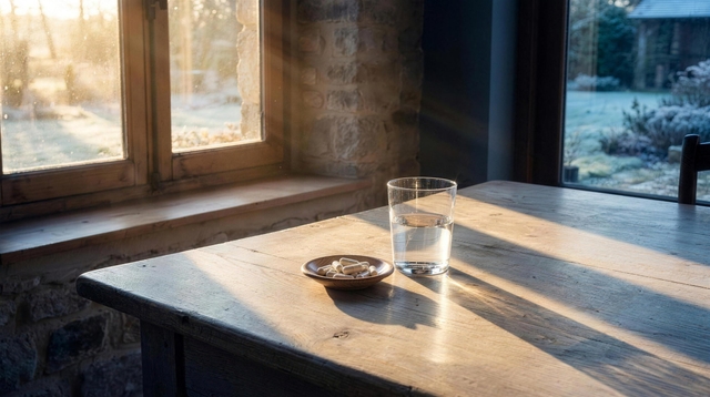 Low winter sun falling across a table with water and capsules