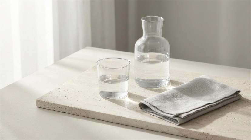 A carafe and a single glass of water in morning light