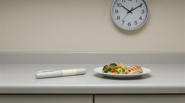 An unlabelled injector pen beside a small plate of food