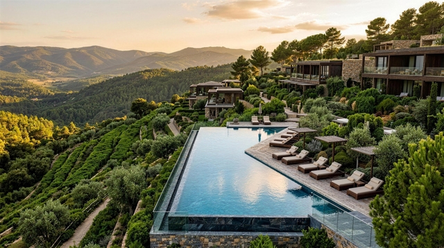 An infinity pool at a hillside wellness resort at golden hour