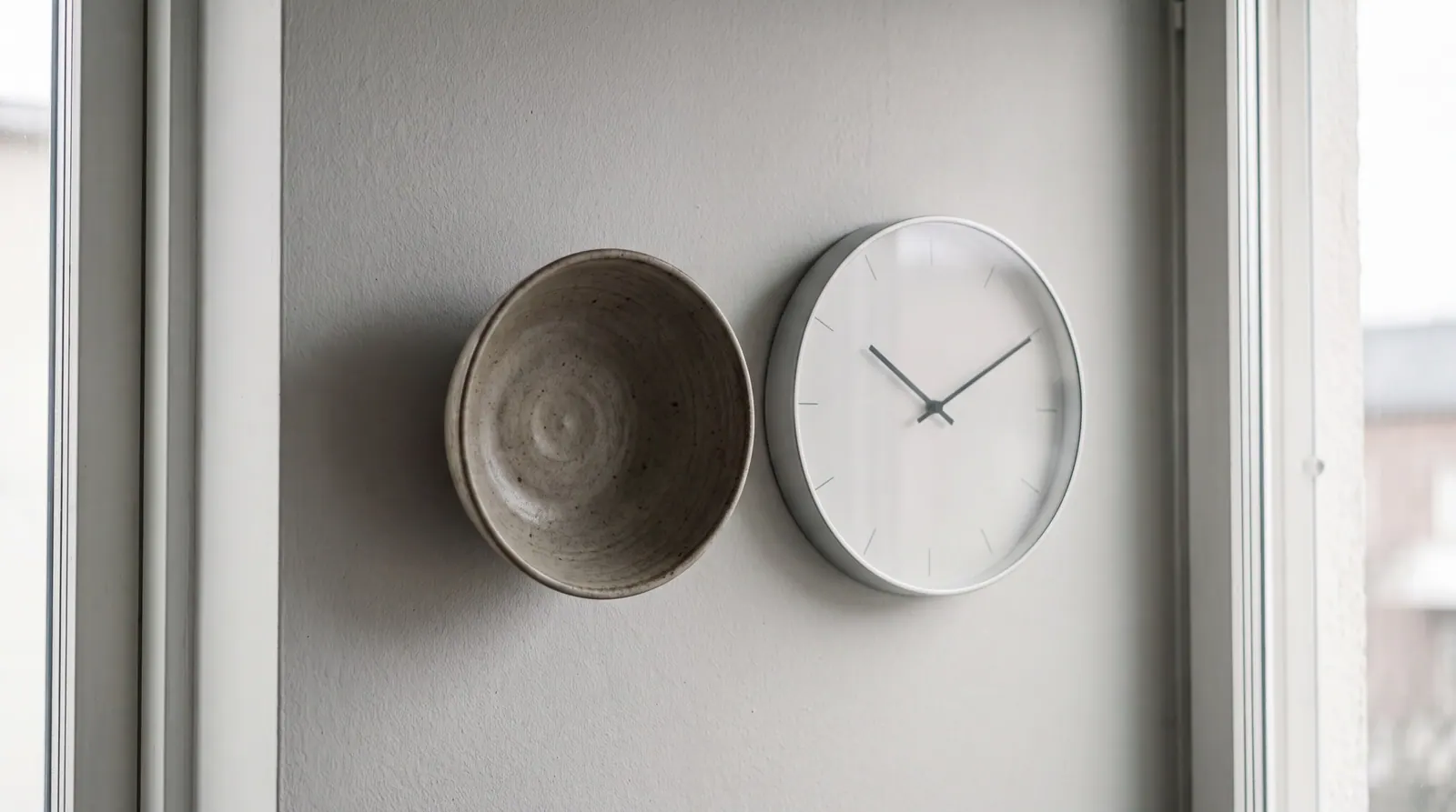 A plain analogue wall clock and an empty stoneware bowl on a pale grey kitchen wall in soft daylight
