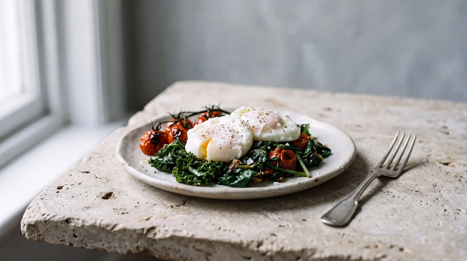 A small plate of poached eggs, wilted greens and tomatoes on a pale stone table with a single fork