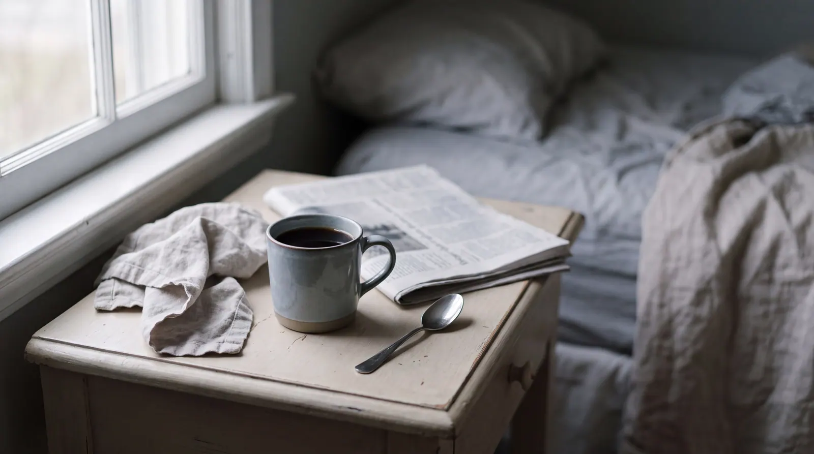 A mug of black coffee and a folded newspaper on a pale bedside table in early morning light