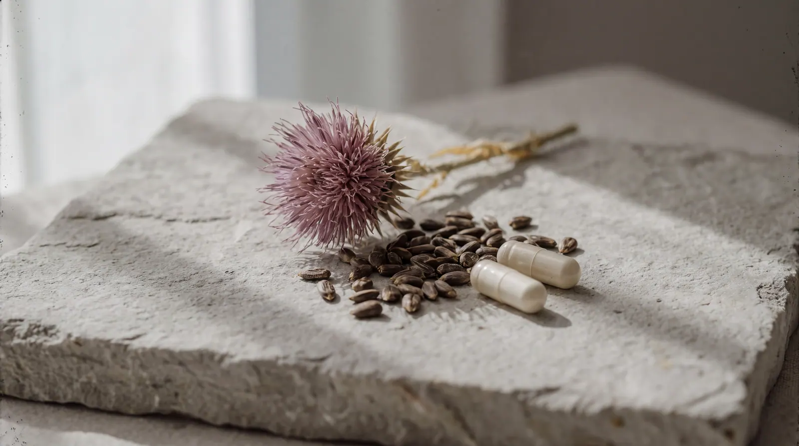 A dried purple milk thistle flower head and scattered milk thistle seeds on a pale grey stone slab, with two plain unlabelled capsules beside them