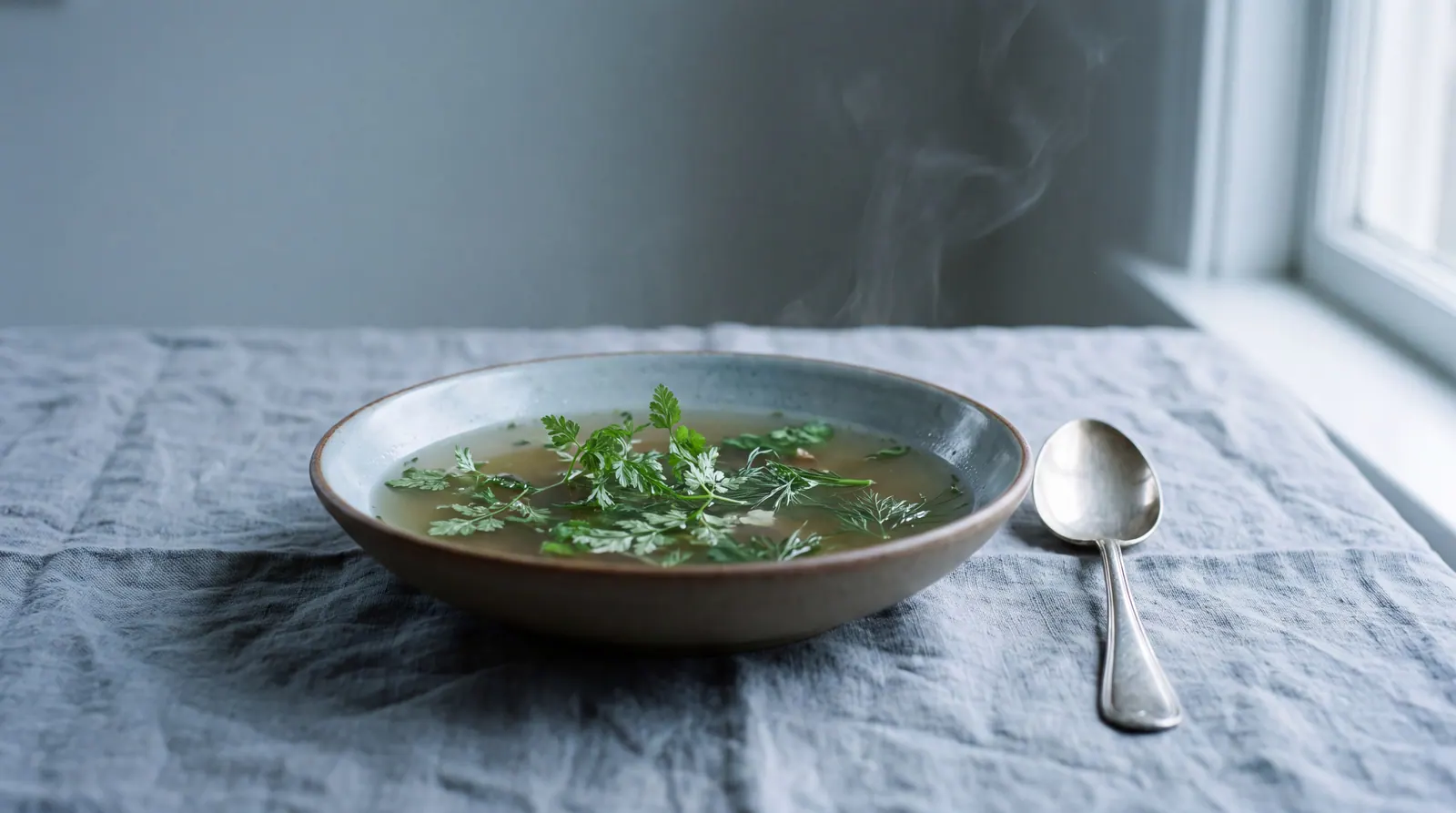 A small bowl of clear broth with fresh herbs on a linen cloth beside a spoon