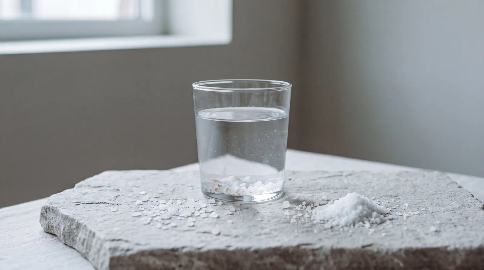 A glass of water and a scattering of mineral salt crystals on a pale grey stone surface