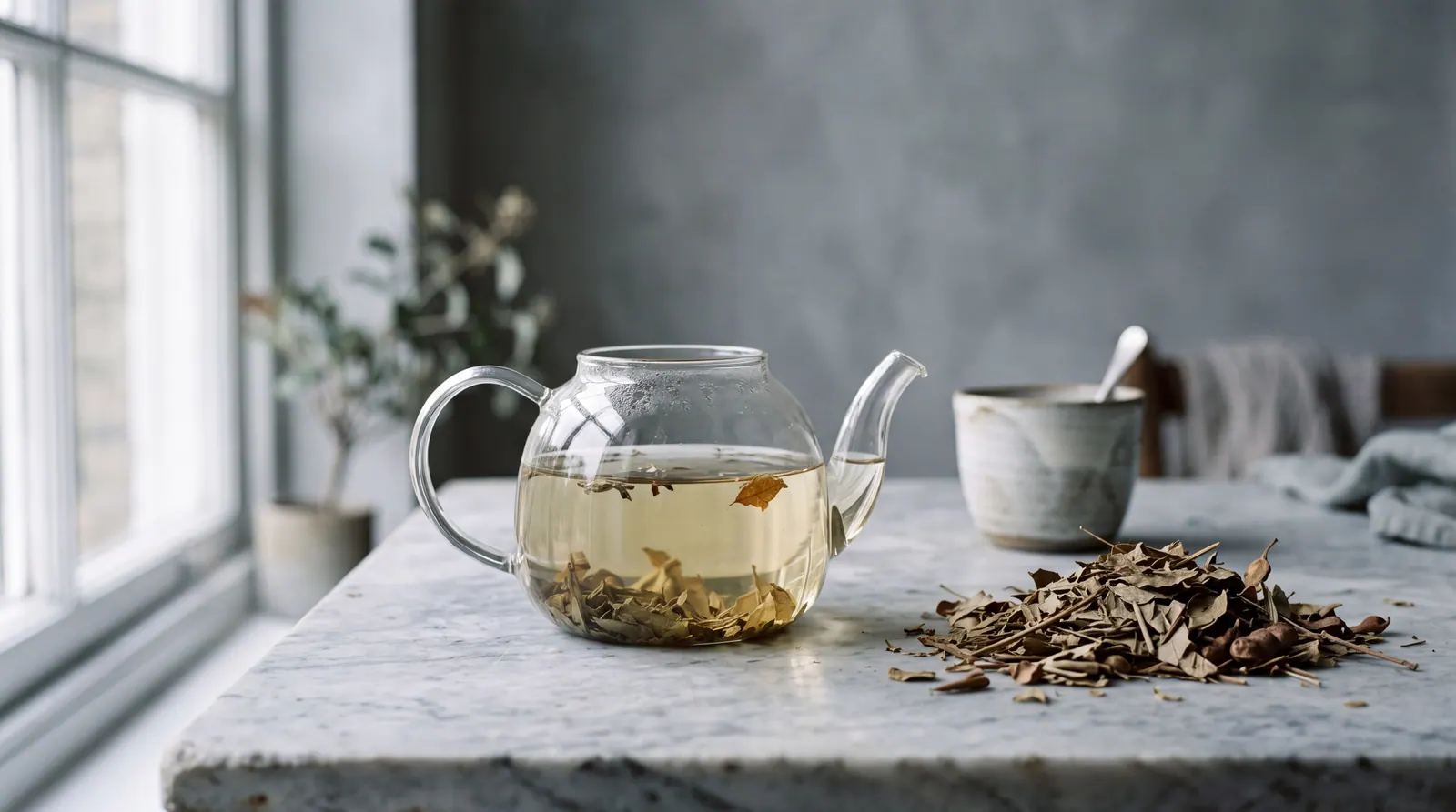 A glass teapot of pale straw-coloured tea beside a loose pile of dried senna leaves on a marble worktop