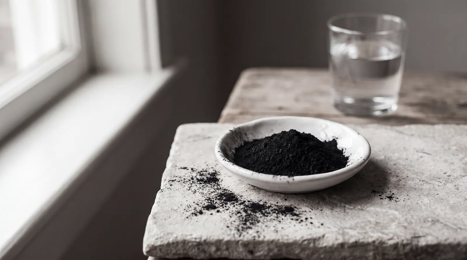 A small white dish of fine black activated charcoal powder on a pale grey stone slab, some powder spilled beside it, with a plain glass of water out of focus behind