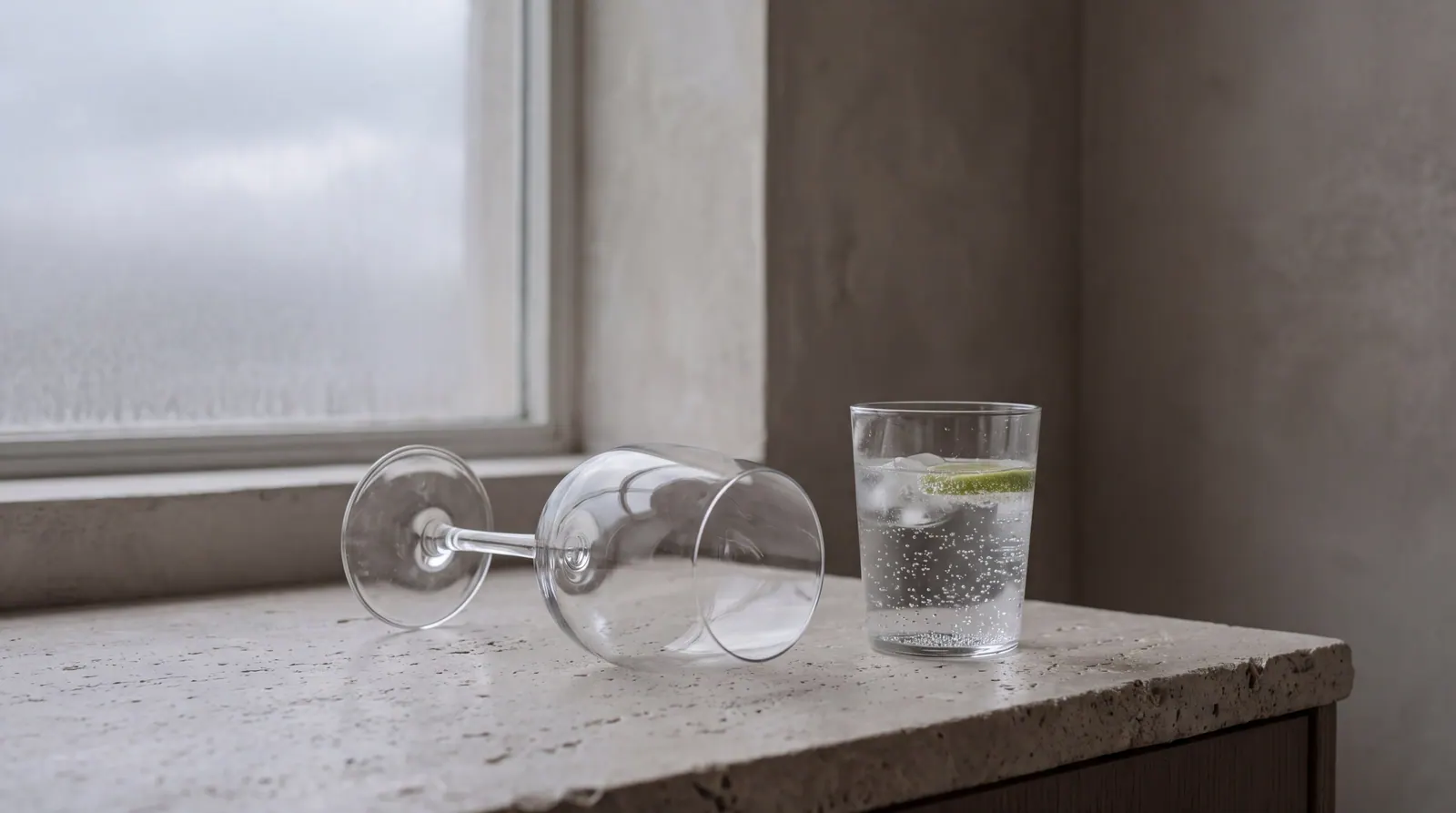 An empty wine glass turned upside down on a pale stone counter beside a glass of sparkling water with lime