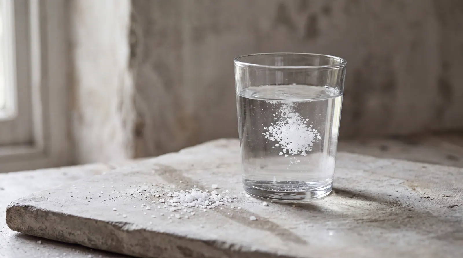 A plain glass of water on a pale grey stone slab with coarse sea salt crystals scattered beside it