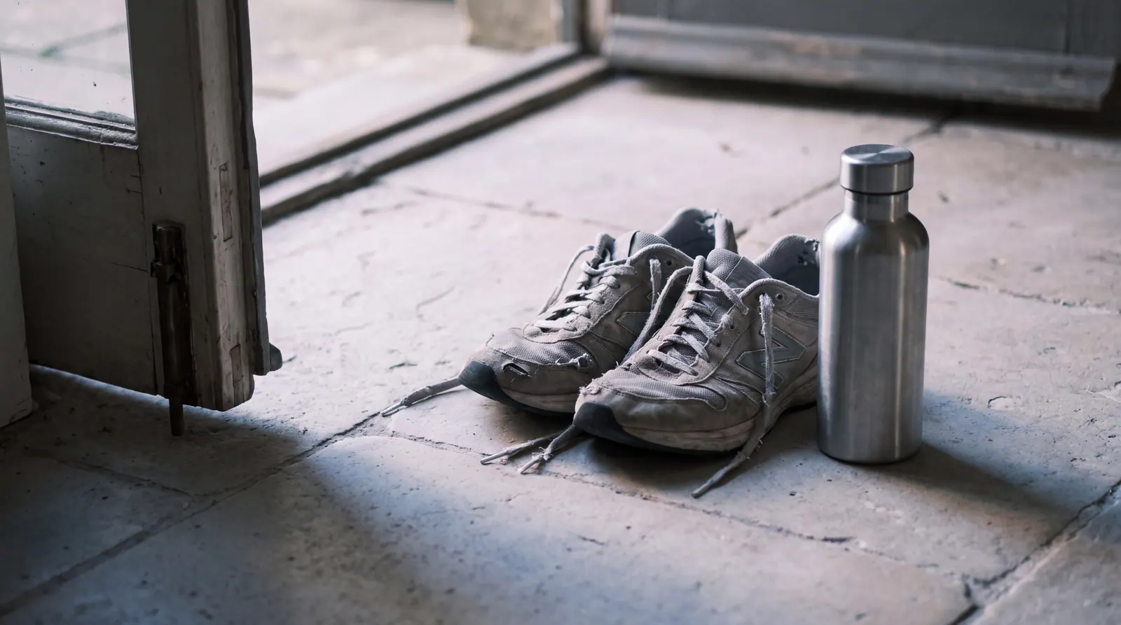 A pair of worn running shoes and a steel water bottle by a doorway in early morning light