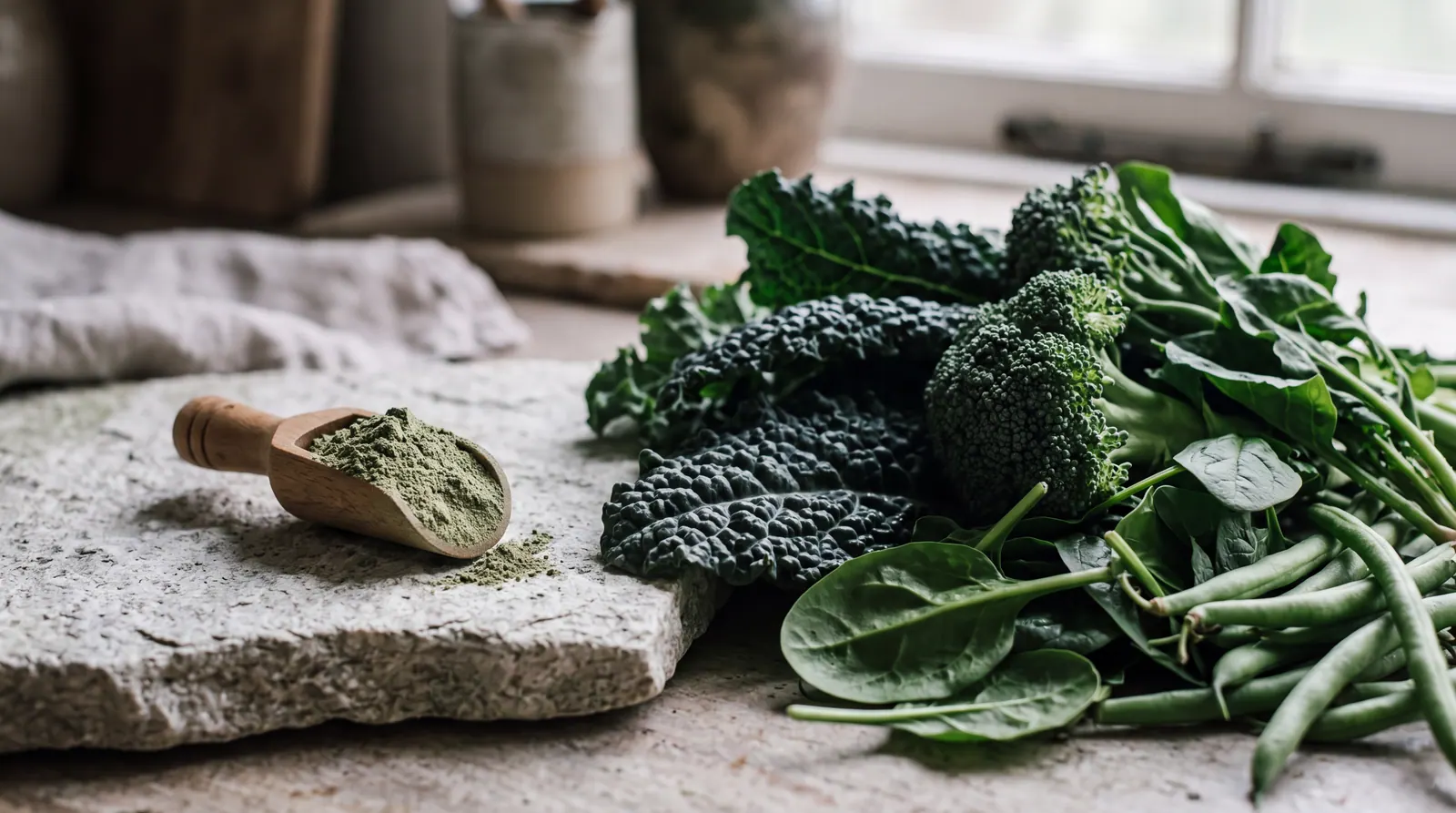A small wooden scoop of fine green powder on a pale grey stone slab beside a much larger loose pile of fresh kale, broccoli, spinach and green beans