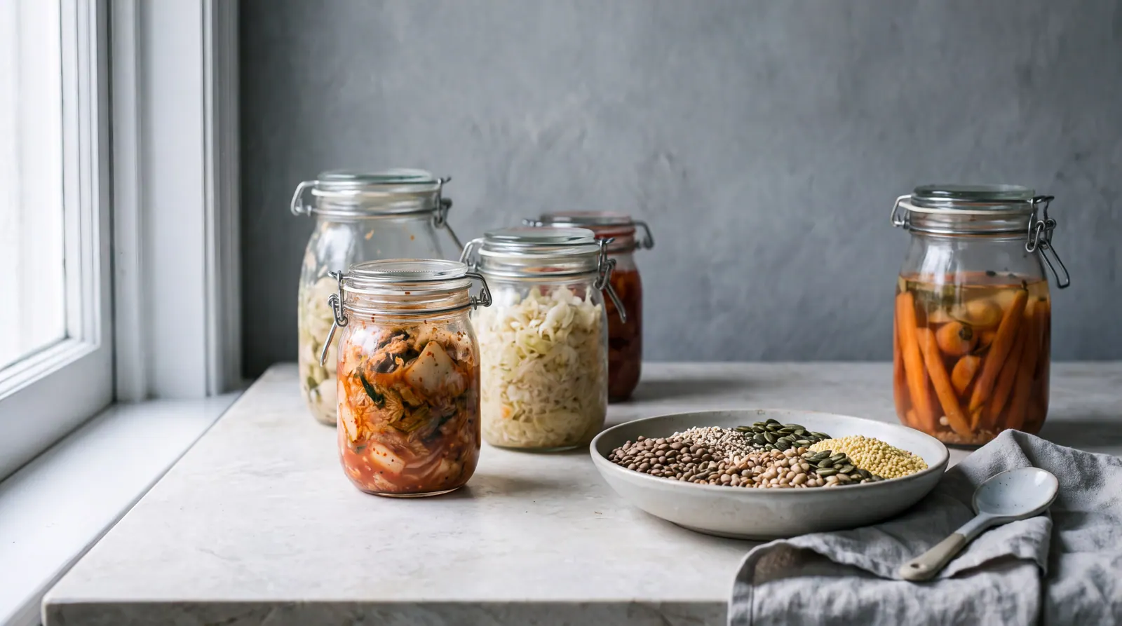 Glass jars of fermented vegetables and a bowl of mixed pulses and grains on a pale stone worktop