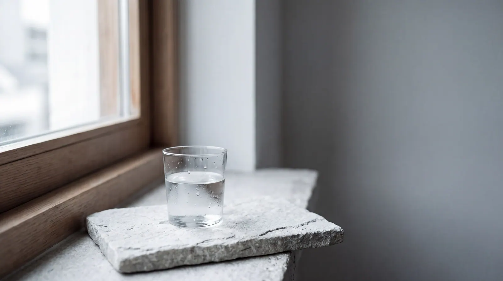 A plain glass of water on a pale stone surface beside a window, soft daylight and condensation on the glass