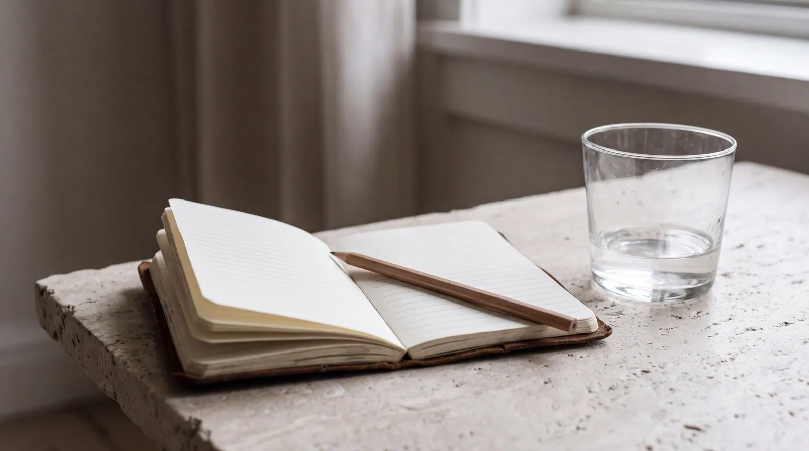 A small pocket notebook open to blank ruled pages with a pencil resting on it, beside a glass of water