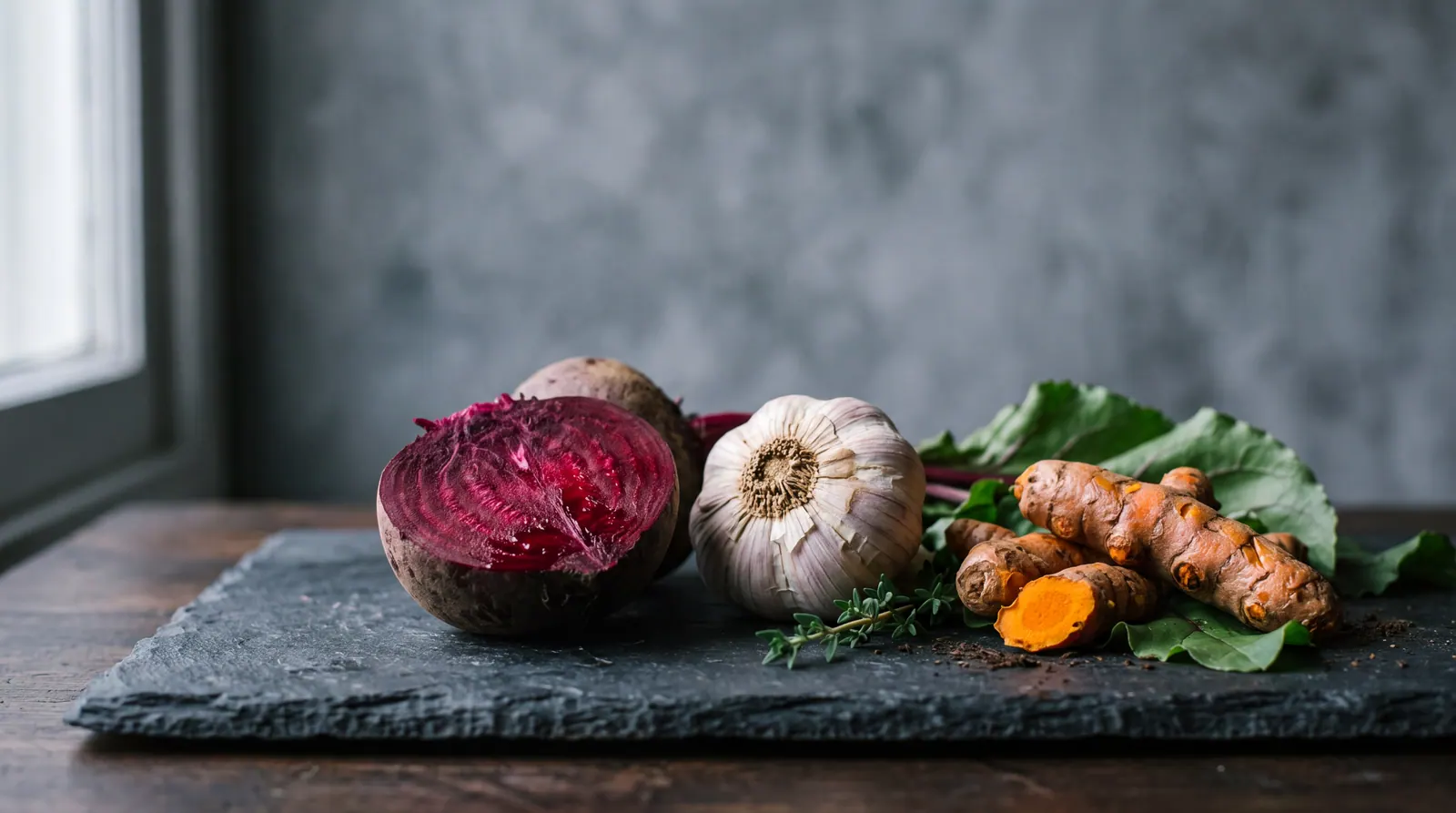 A halved beetroot, a bulb of garlic and fresh turmeric root on a dark slate board