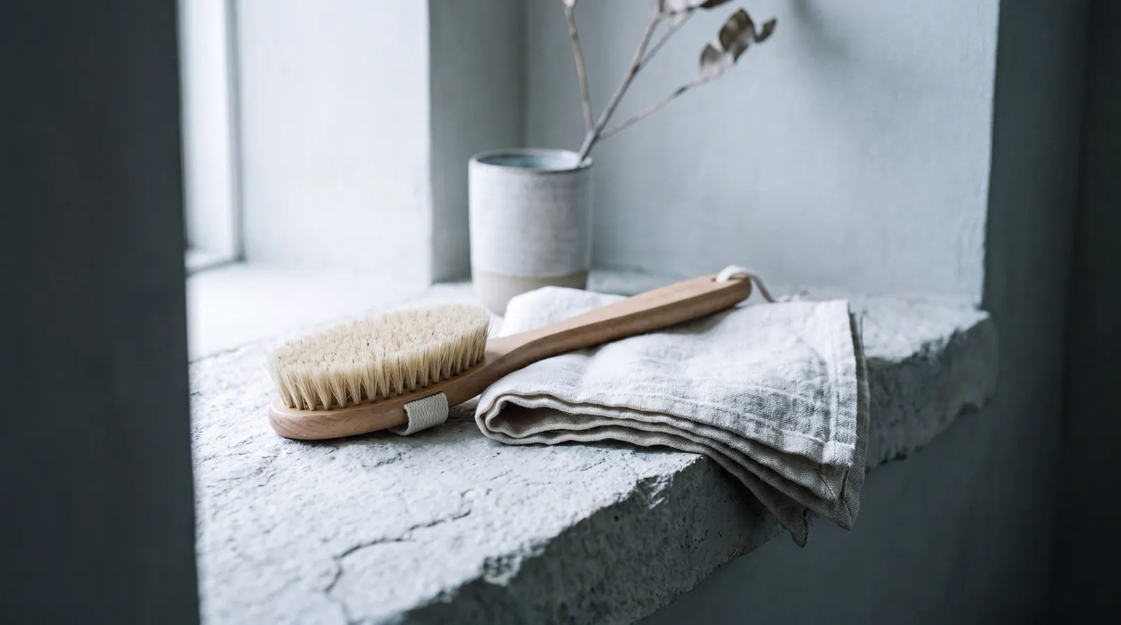 A natural bristle dry body brush and a folded linen towel on a pale stone bathroom shelf in soft morning light