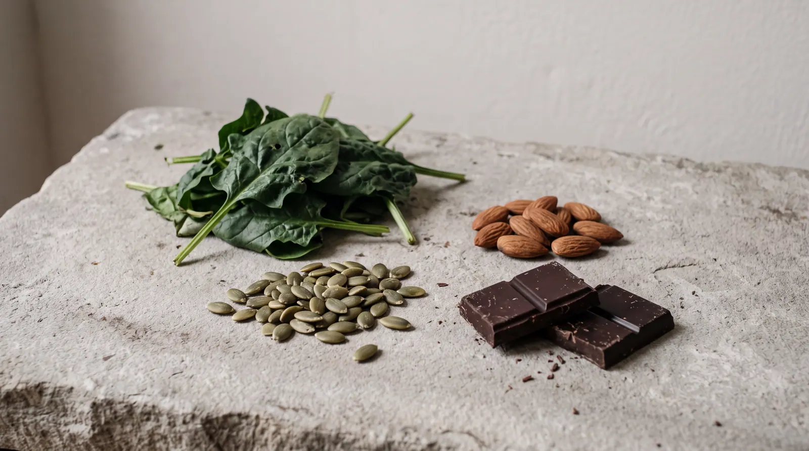 Pumpkin seeds, almonds, dark leafy spinach and squares of dark chocolate arranged loosely on a pale grey stone slab